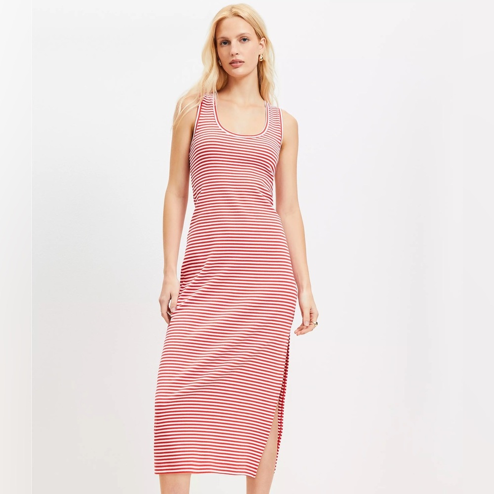 Loft Stripe Perfect Ribbed Tank Midi Dress Sz Medium Petite Red & White